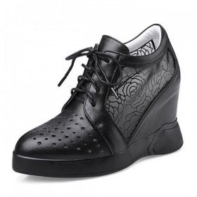 Black Lace-Up Height Wedge Office Shoes Heeled 10cm / 4Inch